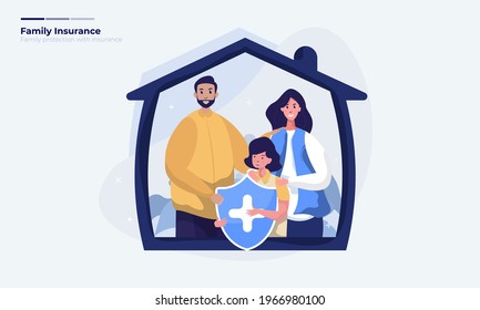 Happy family protect by insurance, vector illustration of family life care insurance