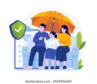 A Happy Family Protected by Insurance. Health and Life Insurance Concept Illustration