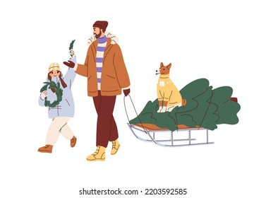 Feliz familia tirando el abeto de Navidad en trineo. Padre e hija yendo con un árbol de tiro en trineo, preparándose para las vacaciones navideñas de invierno. Ilustración vectorial gráfica plana aislada en fondo blanco