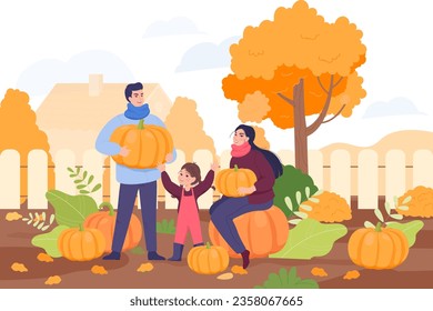 Happy family at pumpkin patch farm vector illustration  Cartoon drawing mother  father   daughter during seasonal traditional gathering  Harvest  marketing  farming  autumn  Thanksgiving concept