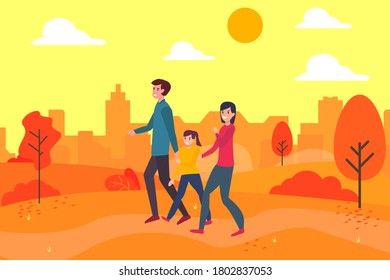 Happy family quality time vector concept: group of family walking together at the autumn park happily
