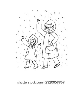 happy family in raincoats walking under the rain, hand drawn style vector
