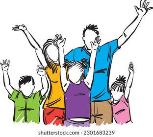 happy family raising hands celebration mother father son daughter together vector illustration