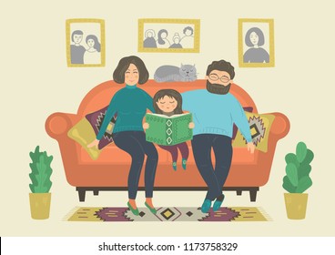 Happy family reading book on sofa at home. Cozy home.  Parents with daughter. Original vector illustration. Reading habit.