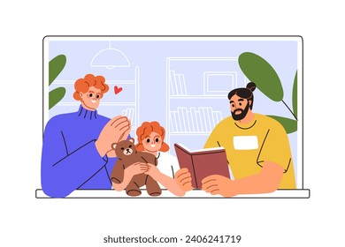 Happy family reading book together. Parents and kid with fairytale. Mother, father, daughter at home, apartment window. Mom, dad, girl at leisure. Flat vector illustration isolated on white background