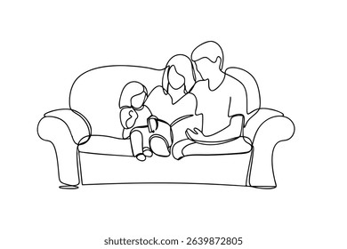 Happy family reading book together line drawing illustration