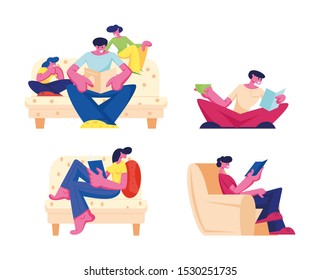 Happy Family Reading Hobby Home Spare Time Set Isolated on White Background. Male and Female Characters and Kids Spending Time in Relaxed Domestic Atmosphere with Book Cartoon Flat Vector Illustration
