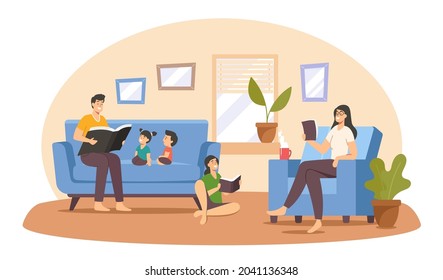 Familia feliz leyendo en casa. Personajes de padre, madre e hijos sentados en un sofá con libros interesantes. Papá lee cuento de hadas a los niños, unión de generaciones. Ilustración de vectores de personas de caricatura