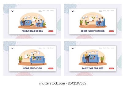 Happy Family Reading at Home Landing Page Template Set. Father, Mother and Children Characters Sitting on Couch with Interesting Books. Dad Read Fairy Tale to Kids. Cartoon People Vector Illustration