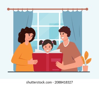 Happy family reading paper book. Mother and father read book to child. Education, literature, knowledge flat or cartoon vector illustration.