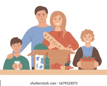 La feliz familia recibió una caja con verduras, leche, pan, fruta y la abre. Entrega de alimentos durante la epidemia de coronavirus, covid-19. Ilustración plana vectorial.