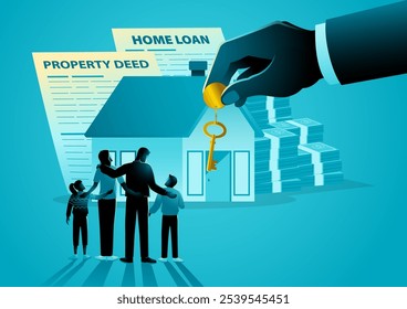 Happy family receiving a golden key from a giant hand. The background includes property deed and home loan papers, the process of buying a home. Ideal for mortgage, and first-time homebuyer themes