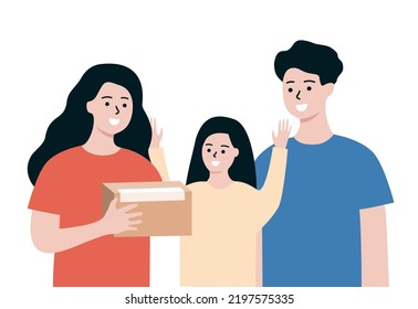 Happy Family receiving parcel from Courier. Smiling Woman hands holding package box. Online shopping, delivery service, shipping concept. Flat Cartoon People Vector Design Illustration.
