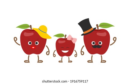 Happy family red apples set. Cute apples fruit with faces in cartoon style. Flat design character. Vector illustration isolated on white