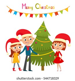 Happy family in red hats near Christmas tree. Merry Christmas and New Year. Vector illustration of husband, wife and daughter in cartoon style.