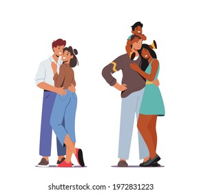 Happy Family Relations. Loving Couple Embrace, Parents and Child Hugging. Mother and Father Characters Hold Baby on Shoulders Hug and Express Love and Tenderness. Cartoon People Vector Illustration