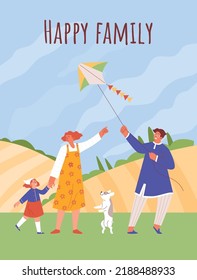 Happy family relationships and togetherness banner or postcard concept with parents and child cartoon characters having fun playing a kite, flat vector illustration.