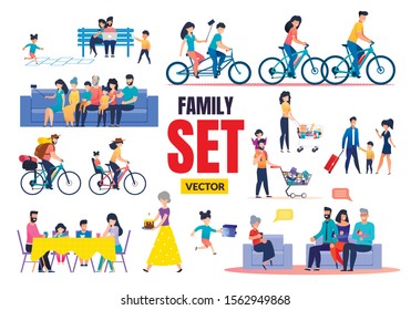 Happy Family Relatives Characters Vector Flat Set. Cartoon Parents and Children, Grandparents and Grandchildren Rest, Meeting, Talking, Having Fun, Shopping, Cycling. Vector Illustration