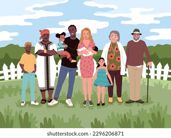 happy family. Relatives of different ethnic groups, children and grandparents in countryside, european and african, tidy vector cartoon concept