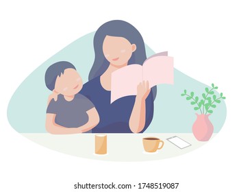 Happy family relax mother reading a book to her sun in the living room of their home.