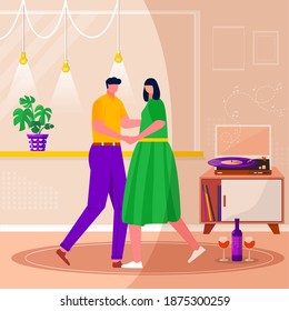 Happy family relaxing, dancing, listen to music with vinyl record. Man and woman, couple spending time together. Husband and wife enjoying home entertainment. Vector flat interior illustration