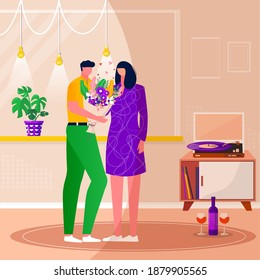 Happy family relaxing, dancing, listen to music with vinyl record. Man and woman, couple spending time together. Husband and wife enjoying home entertainment. Vector flat interior illustration