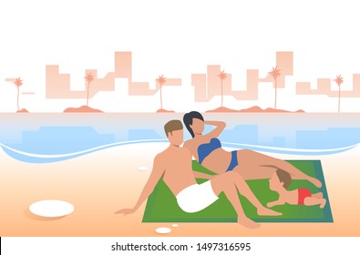 Happy family relaxing on beach. Holiday, children, parents, summer. Happy family concept. Vector illustration for website, landing page, online store
