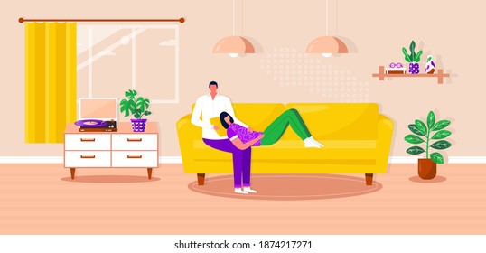 Happy family relaxing on couch, listen to music with vinyl record. Man and woman spending time together. Husband and wife on comfy sofa enjoying home entertainment. Vector flat interior illustration
