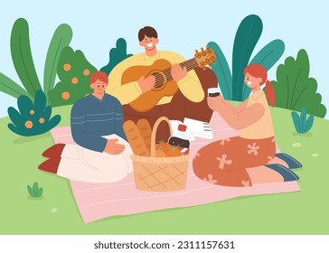 Happy family relaxing on picnic blanket, drinking and enjoying food, playing guitar and singing songs together. Flat cartoon style vector illustration.