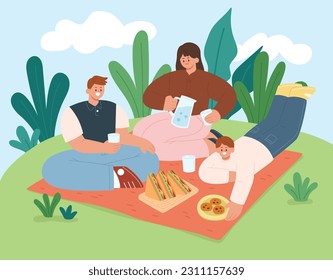 Fröhliche Familie entspannen auf Picknickdecke im Park. Papa, Mama und Sohn essen und trinken gerne. Zeit zusammen verbringen. Flache Cartoon-Stil, Vektorgrafik.