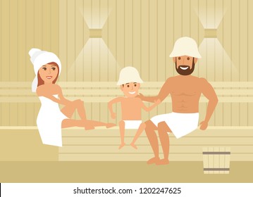 happy family relaxing in sauna