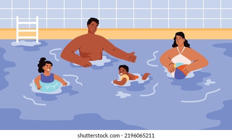 Happy family relaxing in swimming pool, flat vector illustration. Parents swimming together with children. Concepts of sport for kids, summer vacation and holiday.