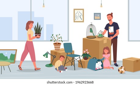 Happy family relocate, moving to new house or home apartment vector illustration. Cartoon father, mother and son daughter children characters unpacking or packing things to move, relocation background