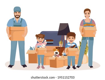 Happy family relocating to new apartment. Mother, father, daughter and son holding packing boxes. House moving concept. Vector illustration.