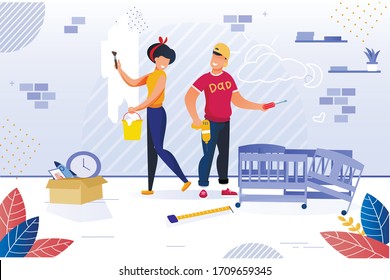 Feliz Reparación Familiar A Casa. Recién casados y renovación de casas. Mujer pintando el muro en la habitación. Hombre Construyendo Cama Bebé. Nuevo departamento reparado después de mudarse. Preparación del parto. Ilustración vectorial