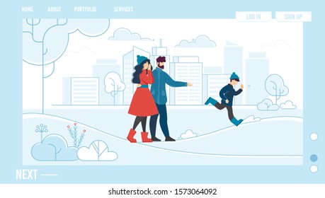 Happy Family Rest Outdoor Enjoy Cold and Frost Weather in Winter. Parents and Kid in Snowy City Park. Conceptual Design for Landing Page Mockup in Frame. Holidays Recreation. Vector Flat Illustration