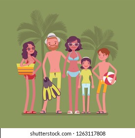 Happy family rest at resort. Parents and kids in swimwear relax on vacation, group of tourists in warm country travel to enjoy swimming, diving and sun bathing. Vector flat style cartoon illustration