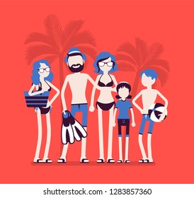 Happy family rest at resort. Parents and kids in swimwear relax on vacation, group of tourists in warm country travel enjoy swimming, diving and sun bathing. Vector illustration, faceless characters