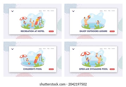 Happy Family Rest in Swimming Pool Landing Page Template Set. Mother, Father and Children Characters Swim and Enjoy Recreation and Vacation in Hotel Resort. Cartoon People Vector Illustration