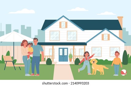 Feliz fin de semana de descanso familiar en el patio de casa. Fin de semana feliz familiar cerca de casa, ilustración vector pasar tiempo con la familia