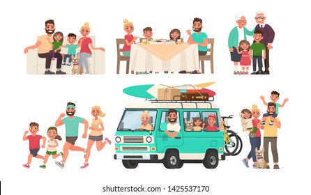 Happy family is resting, eating at the table, going on a journey by car, playing sports, walking. Grandmother and grandfather with grandchildren. Vector illustration in cartoon style