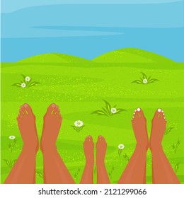 A happy family is resting in a meadow. Parents and child are lying barefoot on the grass. The concept of family holidays, vacations. Color vector drawing.