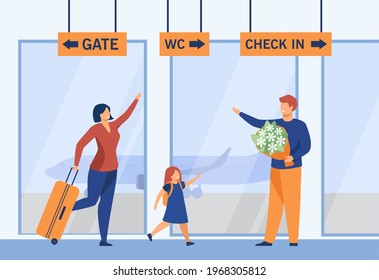 Happy family reunion at airport flat vector illustration. Smiling man holding flowers, meeting his wife and daughter at airport after long separation. Family, airport, love, meeting concept for design