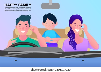 Happy family ride in the car. Father, mother, son. Vector flat style.