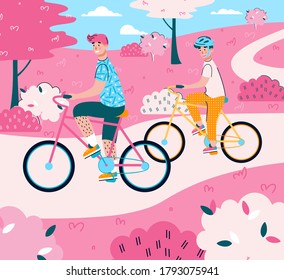 A happy family is rides bicycles outdoors. Father and son on bikes in the park or nature. Sport activity, exercising and healthy lifestyle. Father day. Vector cartoon illustration