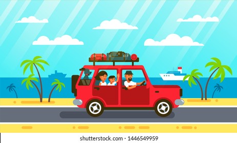 Happy family rides by car with a dog along coats road, past palm trees and ships. Vector illustration in flat style.