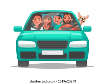 Happy Family Rides In A Car. Dad, Mom, Children And A Dog Went On A Vacation Trip. Vector Illustration In Cartoon Style