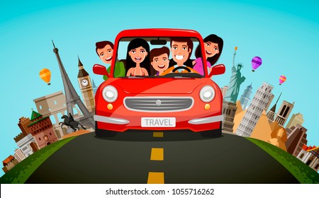 Happy family rides in car on vacation. Journey, travel concept. Cartoon vector illustration