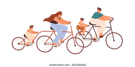 Happy family riding Adult and Child bikes. Parent with children driving bicycles together. Mother, father and kids cycling. Colored flat vector illustration of cyclists isolated on white background