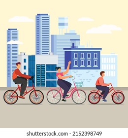 Happy family riding bicycle on city street. World  bicycle day. Colored flat graphic vector illustration isolated.